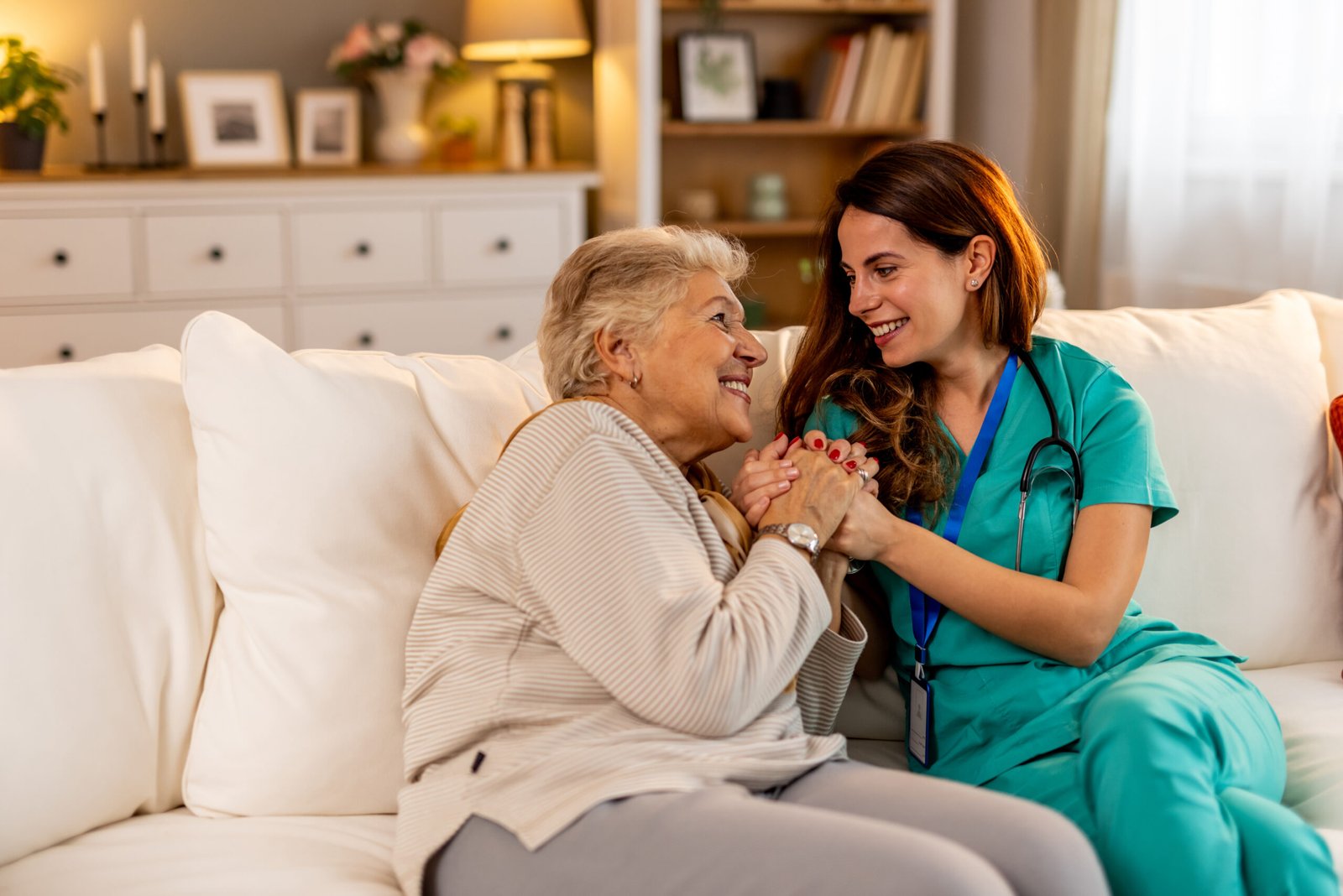 Nurse Supporting Elderly Woman with Compassion in Friendly Home Environment